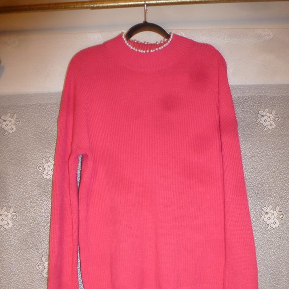 Cute Pink Women's Pearl Neckline Long Sleeve Cotton Blend Knit Sweater Size L - Picture 2 of 11